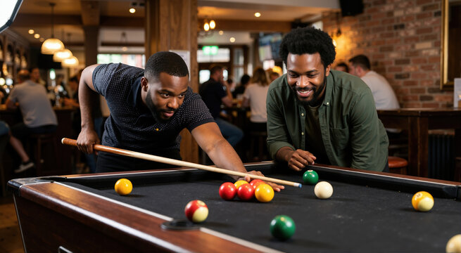 Two Black men playing pool on black felt table in pub. Friends enjoying leisure game night with red yellow and green billiard balls. Social entertainment and recreation