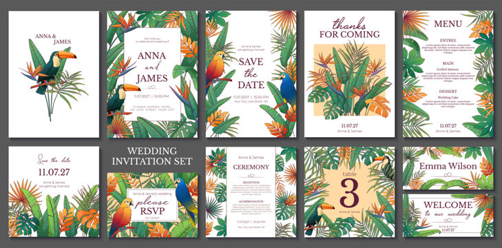 Tropical wedding stationery set with toucan, parrots, bird of paradise flowers and exotic leaves. Invitation, RSVP, menu, table number and welcome sign templates. Vector botanical illustration