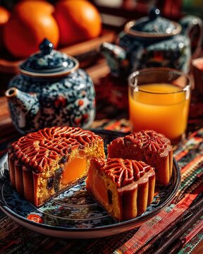 Traditional mooncake with orange juice on the side, bright and cheerful Mid-Autumn setting