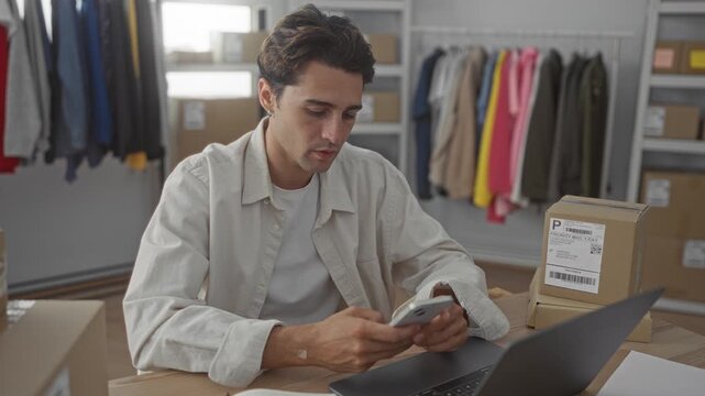 Man holds smartphone and laptop at a packing desk with shipping boxes and clothing racks in a studio; entrepreneurship determination.