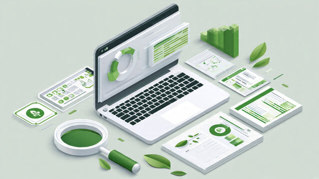 Modern digital workspace with green accents including laptop charts and data analysis tools