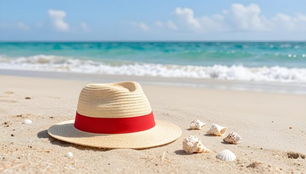 Straw hat with red ribbon on sandy beach with ocean waves and shells