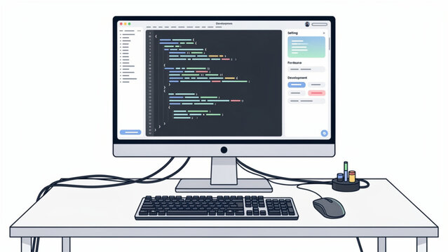 Modern desktop computer with code editor on screen, clean workspace setup for programming