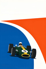 Obraz premium Retro 1960s Formula 1 style racing poster featuring a vintage race car on a dramatic track, perfect for mid-century modern wall art and graphic design layouts