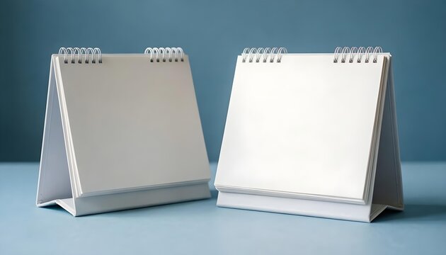 Two blank white spiral bound desk calendars on a blue background