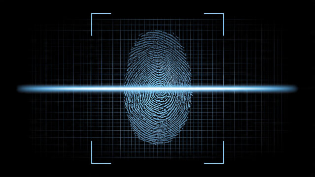 Futuristic biometric fingerprint scan with digital interface glowing blue on dark background for security and identification technology