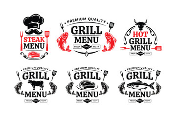 Fototapeta premium Grill menu logos, steak restaurant labels, hot grill icons, vector set