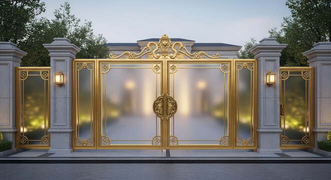 Grand gold and frosted glass automatic gates with ornate detailing and column pillars image photo