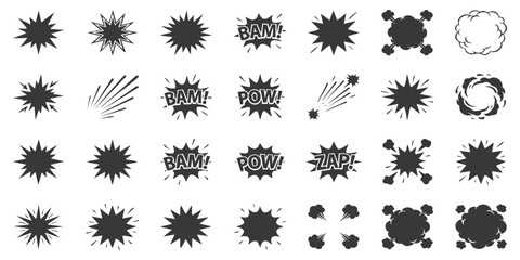Set of black comic book speech bubbles and explosion shapes with action sound effects for graphic design © GraphixEra