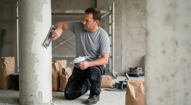 Man applying white plaster to a concrete column with a trowel. Male builder repairing a round pillar in an unfinished building. Interior construction and renovation work