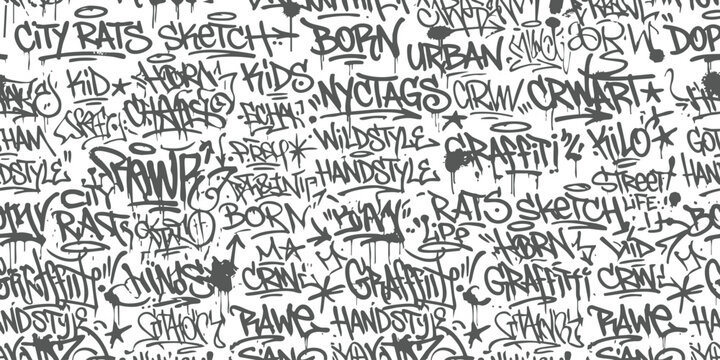 Black and white seamless pattern with urban street graffiti tags and messy handstyle sketches for background