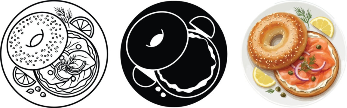Bagel with lox and cream cheese illustrated in three distinct styles including line art silhouette and realistic full color perfect for menu design or food branding