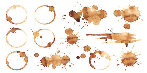 Obraz premium Set of brown coffee cup ring stains and messy drink splashes isolated on a simple plain surface for design