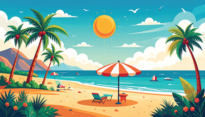 Obraz premium Beach scene with orange umbrella.