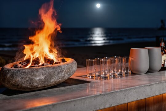 Beach bonfire on bar counter with glassware and moonlit ocean horizon background