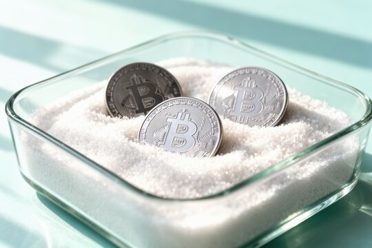 Bitcoin coins in a glass dish on white granular surface under soft light