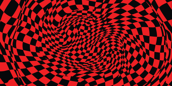 Abstract red and black checkered pattern with a wavy distorted liquid motion effect for modern graphic design