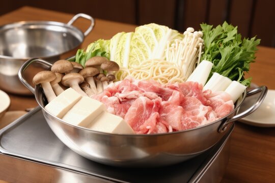 Japanese nabe hot pot with sliced pork tofu mushrooms and vegetables on wooden table