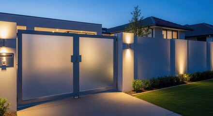 Fototapeta premium Modern Frosted Glass Gate with Integrated Lighting and Mailbox at Dusk modern gate contemporary entrance