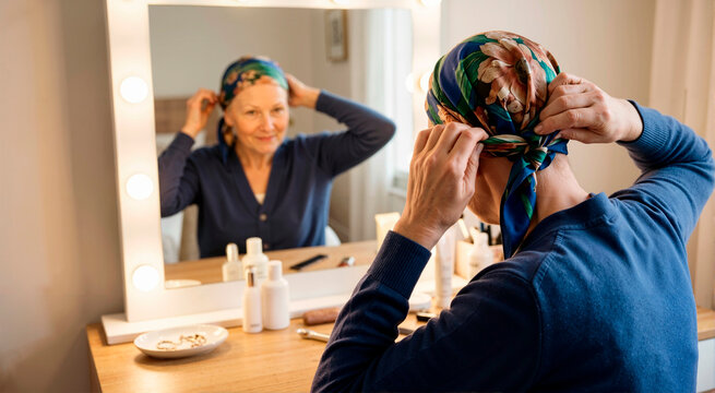 Senior woman tying a colorful headscarf in front of a vanity mirror. Elderly female cancer survivor smiling at her reflection. Hair loss and self-care concept