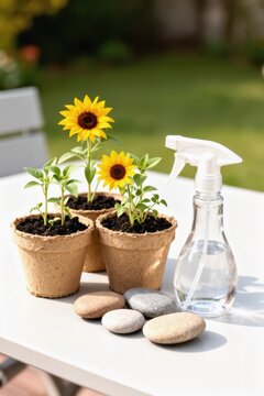 Small sunflowers in biodegradable pots with spray bottle on white table