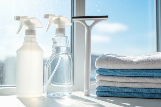 Cleaning supplies on bright windowsill with stacked towels and squeegee