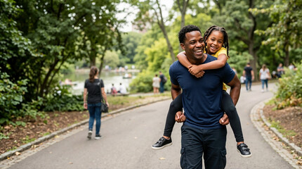 Obraz premium Happy African American father giving his daughter a piggyback ride in the park. Loving family enjoying quality time together outdoors