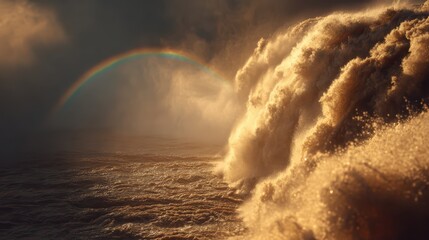 Fototapeta premium Crashing Wave and Rainbow Arch: A powerful ocean wave, illuminated by sunlight, crashes with immense force, creating a dramatic spray against a backdrop of a serene rainbow arcing through the sky.