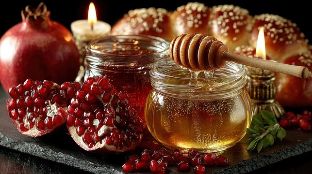 Traditional Rosh Hashanah items: honey, apples, pomegranate, menorah, and challah on black background