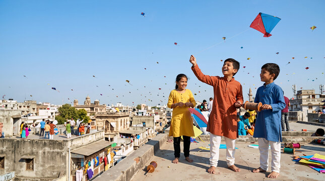 Cheerful Indian children flying kites on a city rooftop. Boys and a girl in traditional clothing holding a spool and string during Makar Sankranti festival under a blue sky