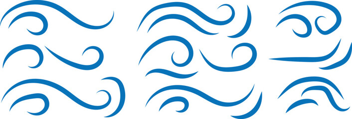 Fototapeta premium Set of blue hand-drawn swirls and wavy lines representing wind, water, or motion isolated on a white background, for use