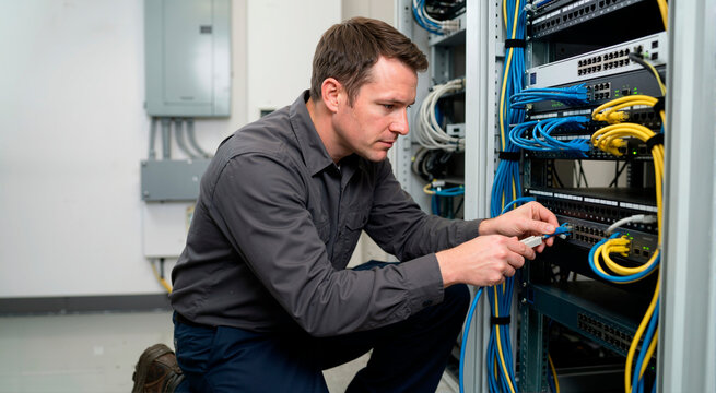 IT technician connecting network cables in server rack. Professional man installing ethernet wiring in data center patch panel