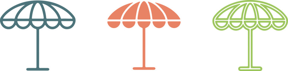 Set of hand drawn beach umbrella icons, summer vacation colorful parasol vector illustration with transparent background, isolated sunshade graphic design. © MDLovely