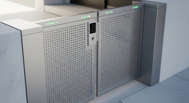 Sleek silver perforated metal automatic gate with digital keypad and LED indicators image photo