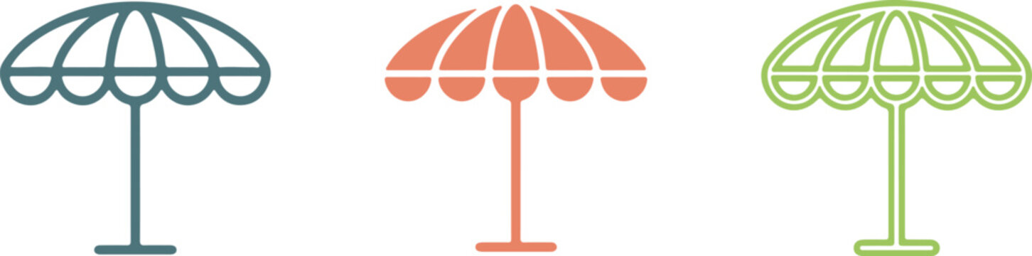 Set of hand drawn beach umbrella icons, summer vacation colorful parasol vector illustration with transparent background, isolated sunshade graphic design.