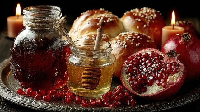 Traditional Rosh Hashanah items: honey, apples, pomegranate, menorah, and challah on black background
