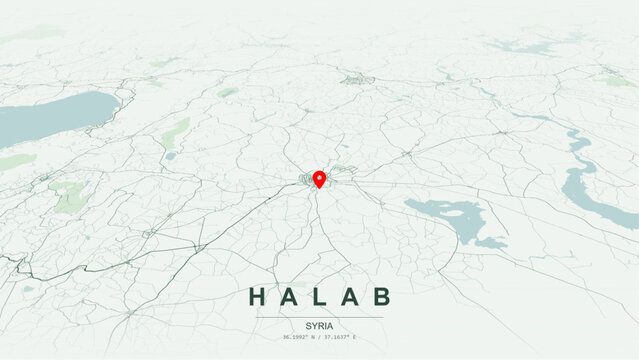 Modern minimalist vector map of Aleppo (Halab), Syria. High-quality scalable illustration of Aleppo city grid, Quweiq River, and regional highway networks for posters design.