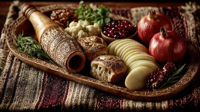 Traditional Rosh Hashanah setup with shofar, food, and tallit prayer shawl