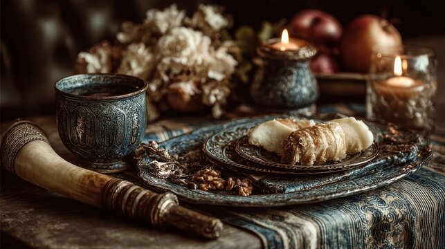Traditional Rosh Hashanah setup with shofar, food, and tallit prayer shawl