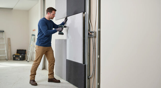 Builder installing acoustic wall panels with cordless drill. Construction worker attaching soundproofing boards to metal stud frame in office