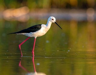 Obraz premium A serene bird wades through shallow water with a reflective surface
