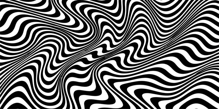 Optical illusion of black and white wavy lines creating a mesmerizing and disorienting visual effect.