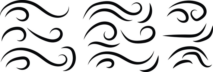 Fototapeta premium Set of black hand-drawn swirls and wavy lines representing wind, water, or motion isolated on a white background, for use