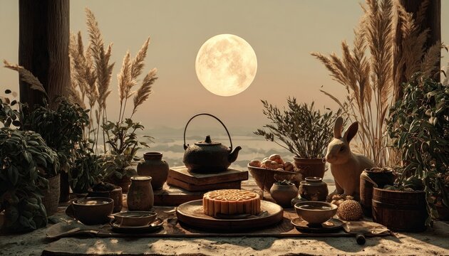 Tranquil Mid-Autumn Festival table setup with mooncake, teapot, golden rabbit, and full moon overhead