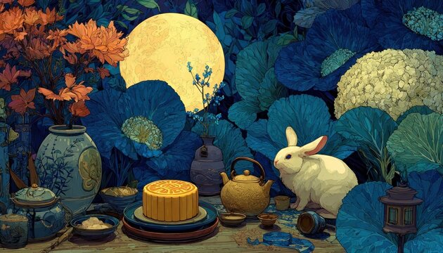 Tranquil Mid-Autumn Festival table setup with mooncake, teapot, golden rabbit, and full moon overhead