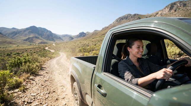 Smiling woman driving a green pickup truck on a dirt road in the mountains. Happy female driver enjoying an off-road adventure and road trip in a rugged landscape