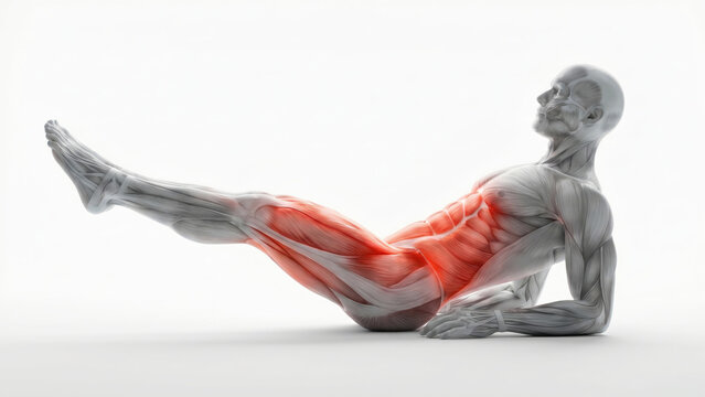 Human anatomy model performing core exercise, highlighting engaged abdominal and leg muscles.