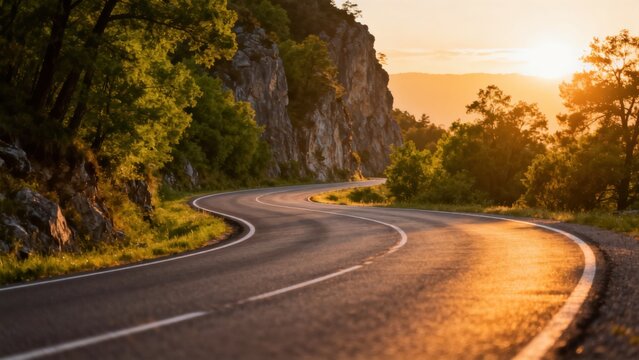 Winding road at sunset with cliffs