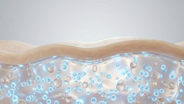 Human skin layers absorbing hydrating molecules for deep nourishment and regeneration.
