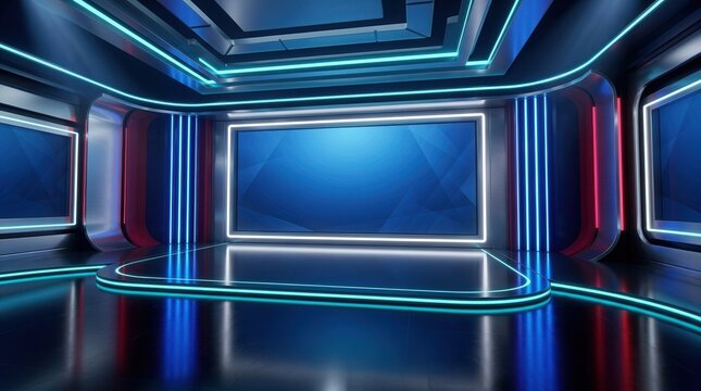 Futuristic 3D virtual studio backdrop for television news and digital media presentations.